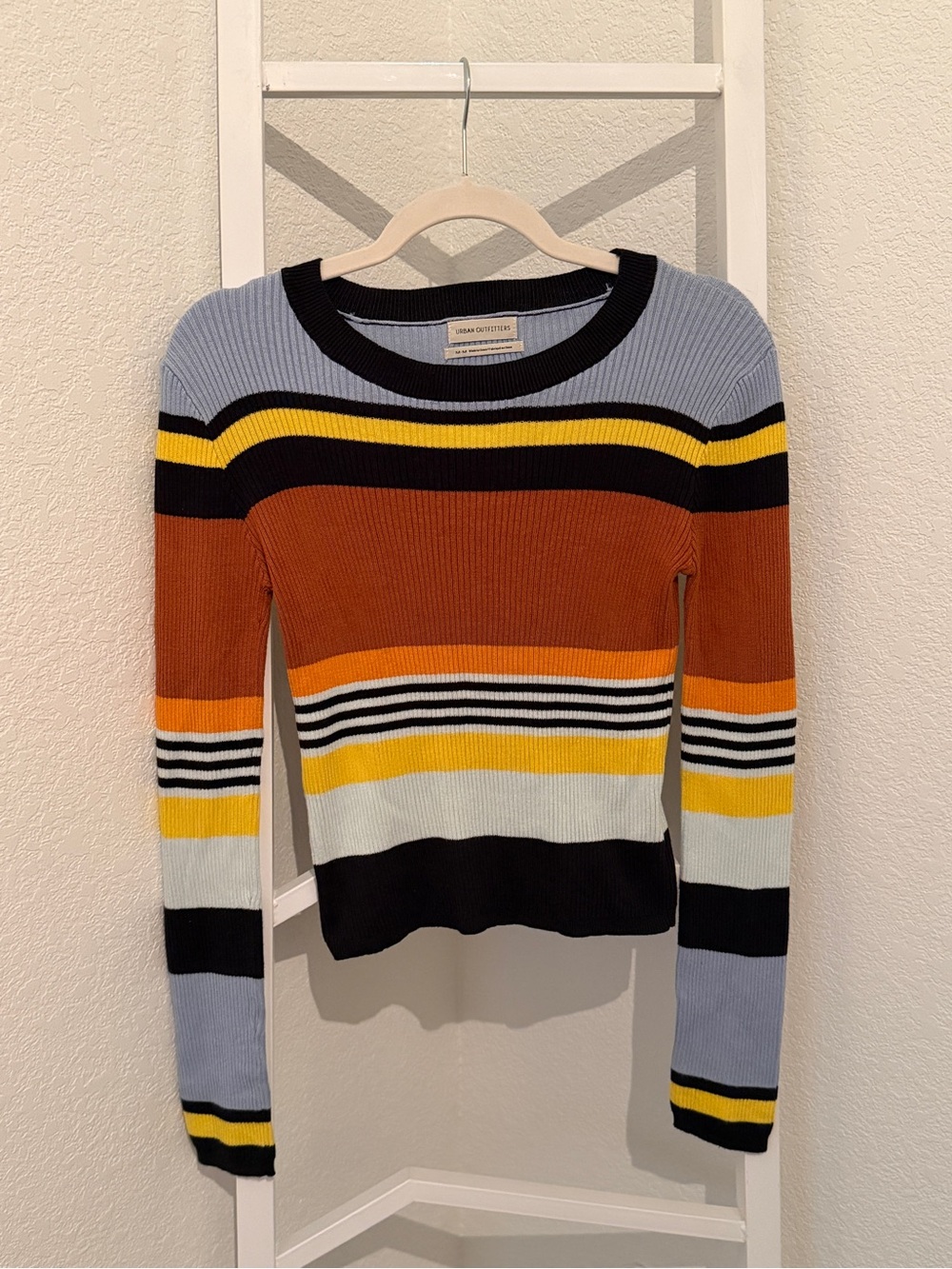 Urban Outfitters Striped Crewneck Sweater - Rust, Yellow, Light Blue